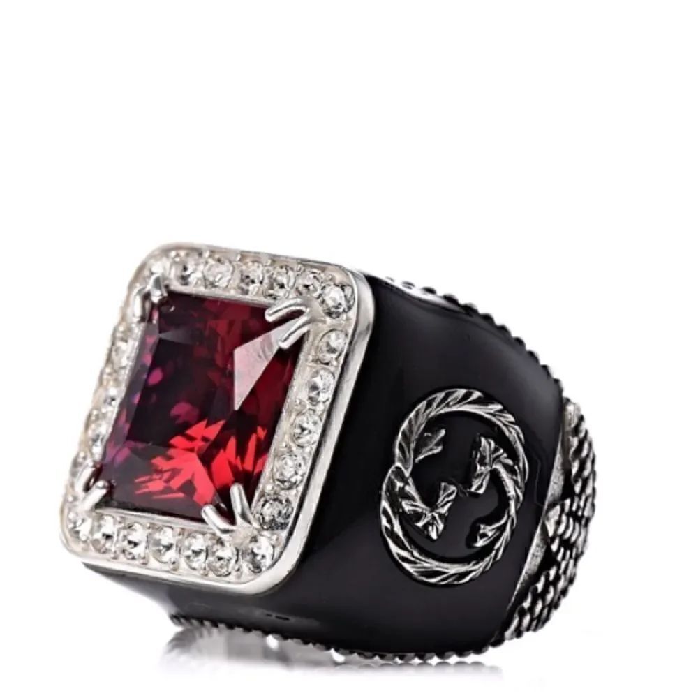 GUCCI Sterling Silver Red Crystal Stone Signet Ring Size: 6